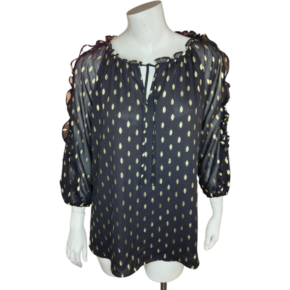 C by 1946 Cato Womens Size Medium Black with Metallic Gold Dots Blouse Ruffle - Picture 1 of 13